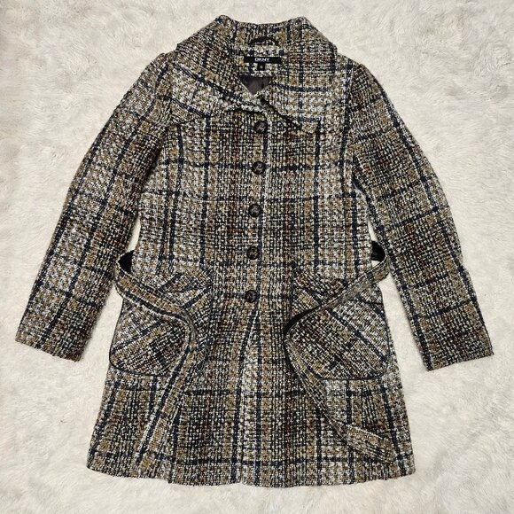 DKNY Women's Brown Tweed Plaid Wool Blend Belted Coat Size 10 - Picture 2 of 12